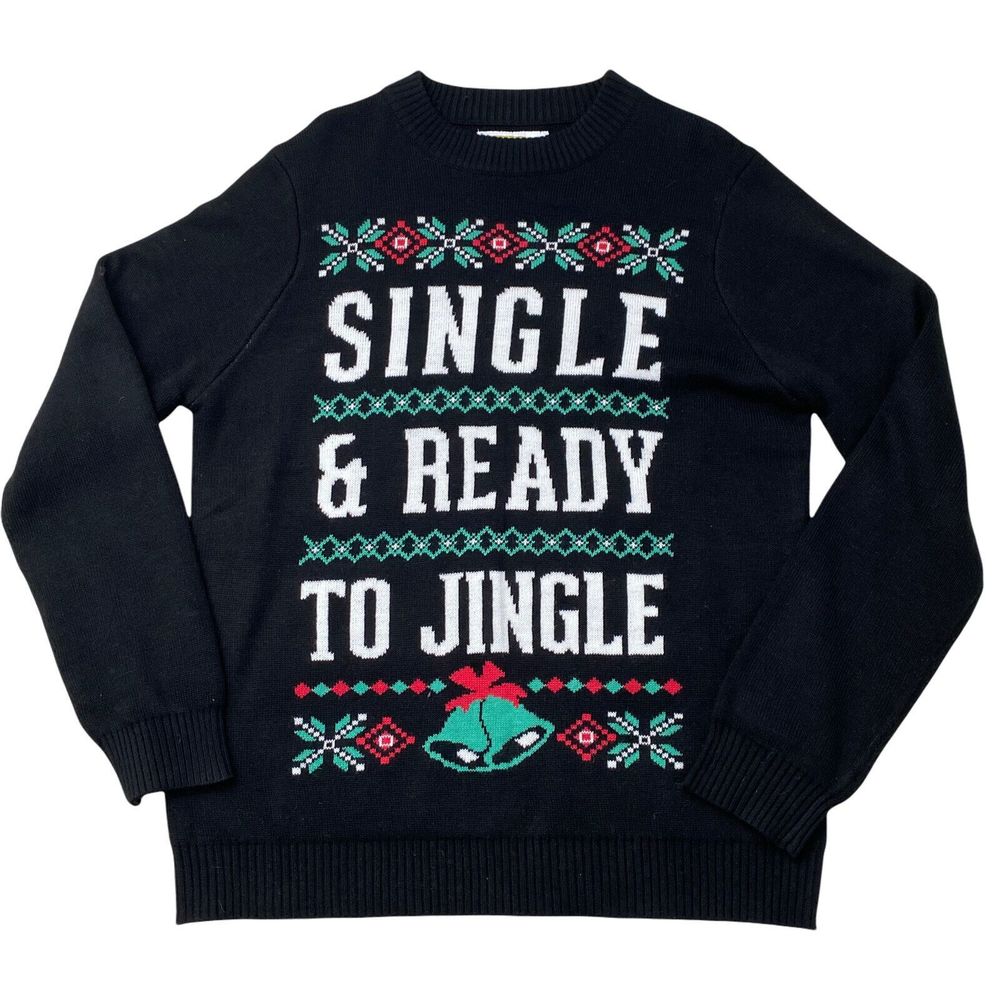 Tipsy Elves Mens Ugly Christmas Sweater Black Single & Ready to Jingle Large